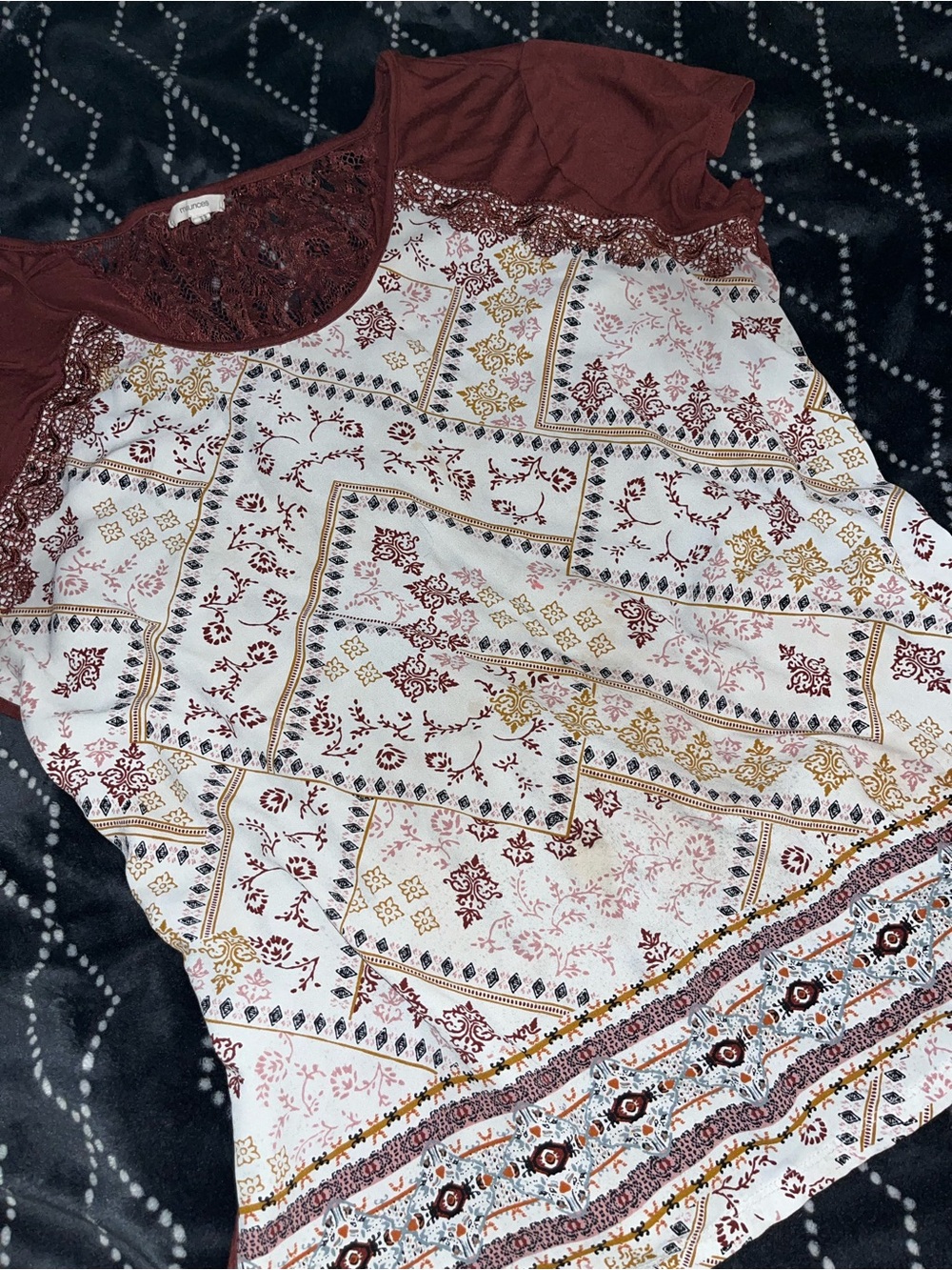 Maurices Maroon & Cream Patchwork Print Lace-Yoke Tank
